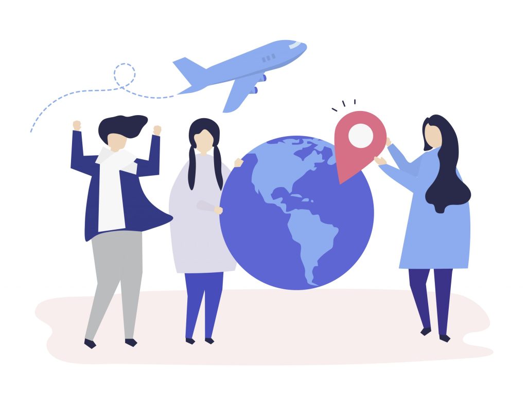 People carrying different travel related icons